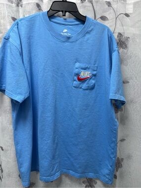 Nike Light Blue Loose Fit Pocket Tee with Red Embroidered Swoosh XL